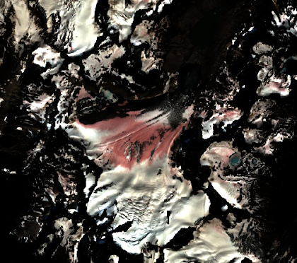 Satellite image of pink snow on the Vowell Glacier, Bugaboos, 2020